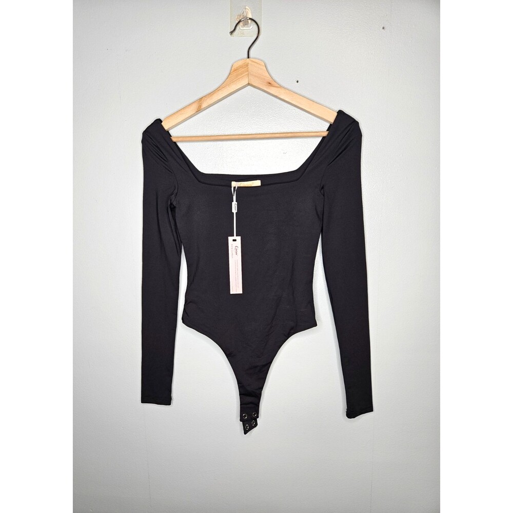 Qinsen Black Square Neck Bodysuit XS Long Sleeve Thong Stretchy NWT